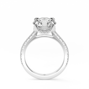 White Gold Round Shape Diamond Hidden Halo Pave Engagement Ring With U Cut Setting.